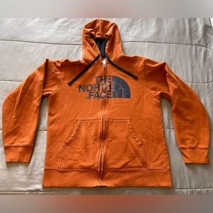 North Face Hoodie Men Large Orange & Blue Full Zip Up Hooded Sweatshirt Logo